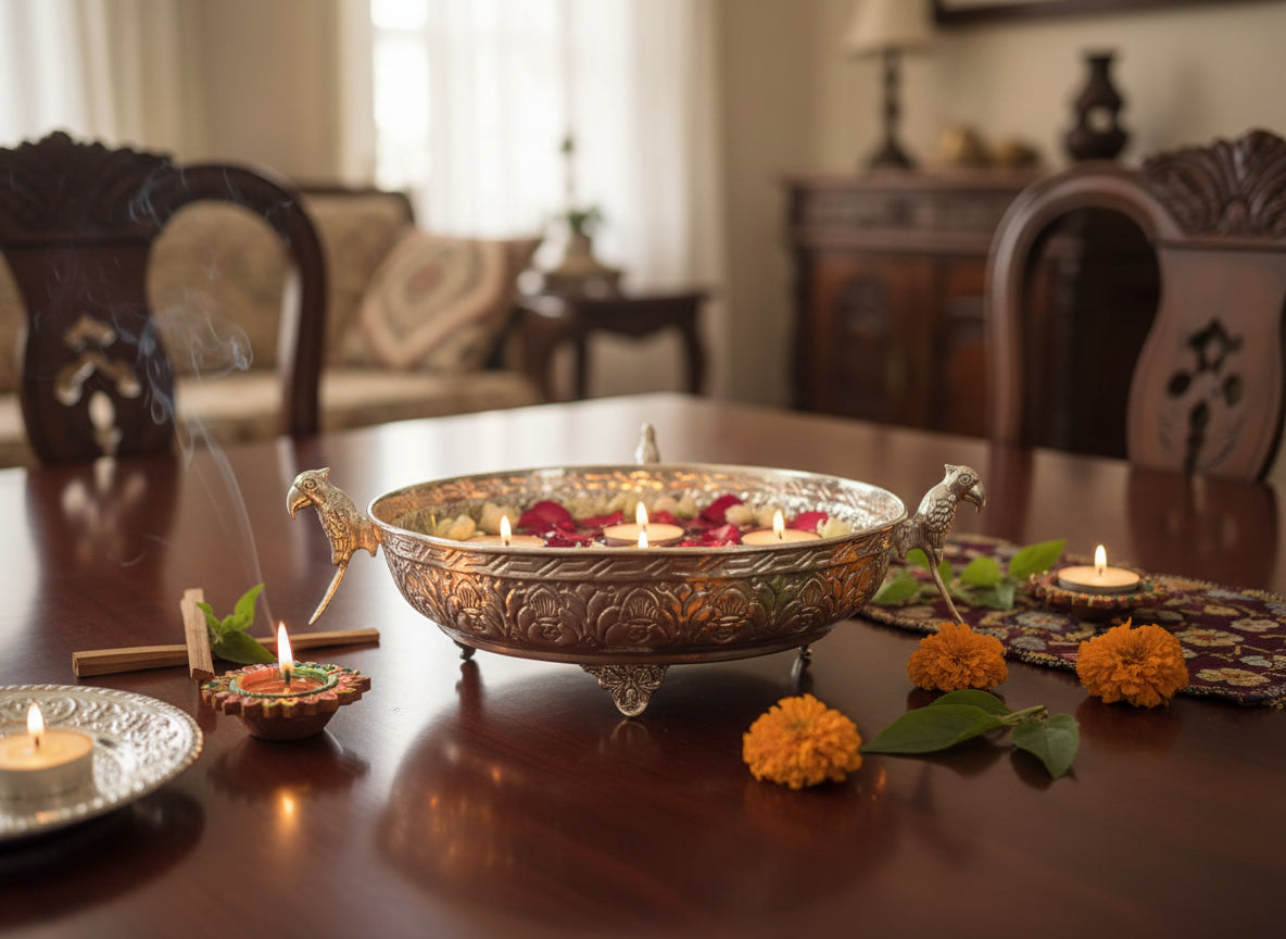 Silver Plated Parrot Handle Fruit Bowl & Urli – Handcrafted Embossed Footed Bowl for Floating Flowers, Diyas & Table Decor