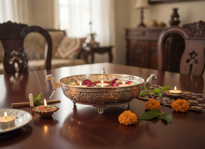 Silver Plated Parrot Handle Fruit Bowl & Urli – Handcrafted Embossed Footed Bowl for Floating Flowers, Diyas & Table Decor