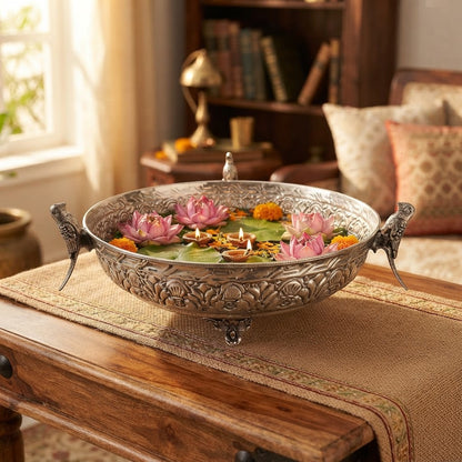Silver Plated Parrot Handle Fruit Bowl & Urli – Handcrafted Embossed Footed Bowl for Floating Flowers, Diyas & Table Decor