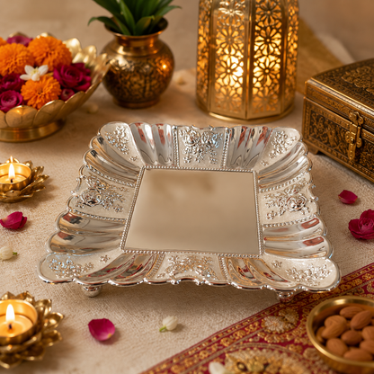 Premium German Silver Meenakari Decorative Tray – Square Serving Tray for Dry Fruits, Pooja & Festive Gifting