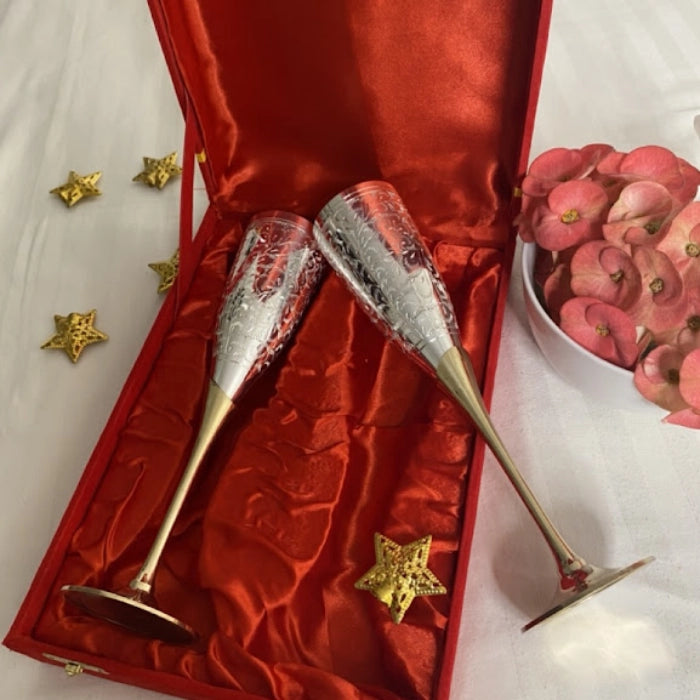 Hand Engraved German Silver Wine Glass Set with Gift Box