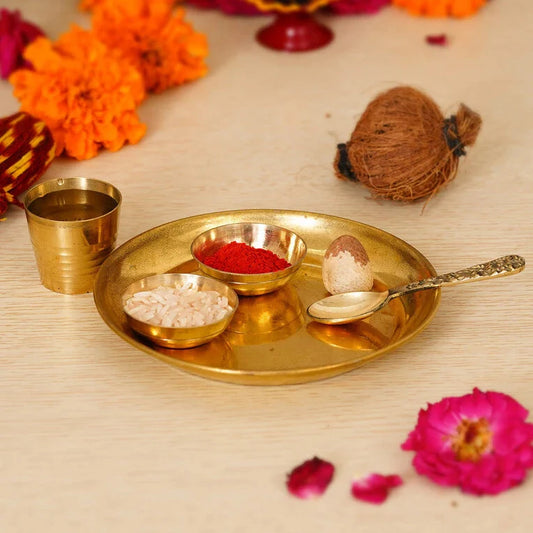 Golden Brass Pooja / Bhog Thali Set