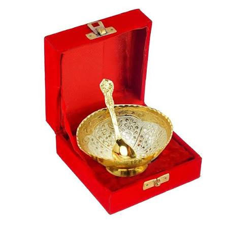 Gold Plated Brass Bowl & Spoon Set of 1 with Red Velvet Gift Box Pack of 6