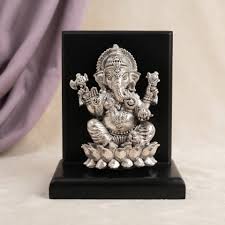 999 Pure Silver Lord Ganesha Idol on Wooden Base for Home & Office