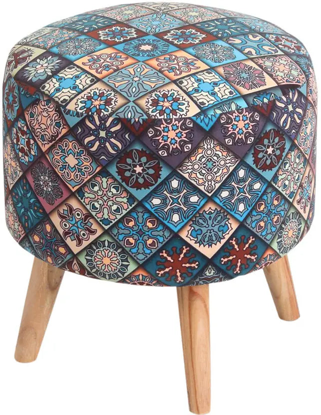 Printed Pouffe Sitting Stool for Living Room & Office | Puffy Foam Footrest Pouf – 16×16×17 Inches, Blue, single