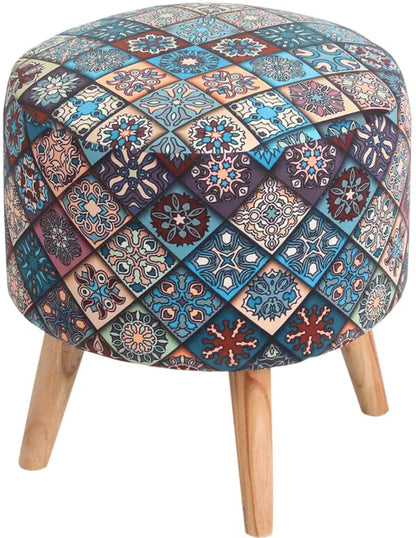 Printed Pouffe Sitting Stool for Living Room & Office | Puffy Foam Footrest Pouf – 16×16×17 Inches, Blue, single