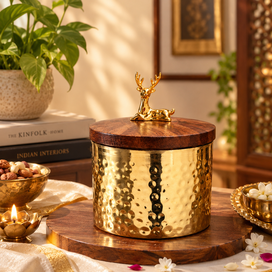 Hammered Brass Finish Storage Jar with Wooden Lid & Golden Deer Knob – Decorative Dry Fruit & Mithai Container