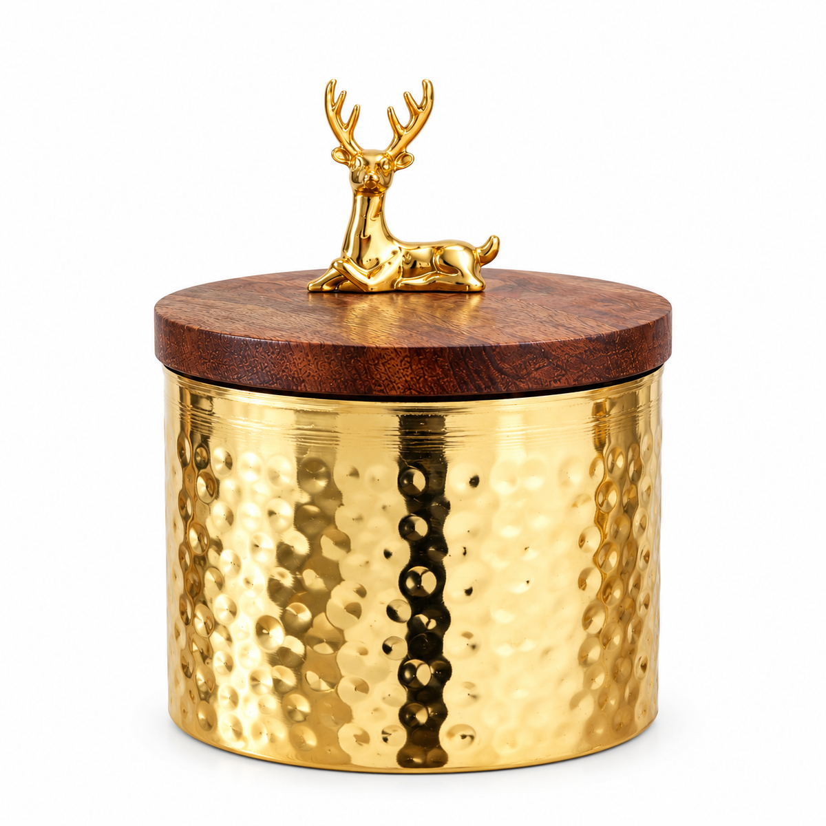 Hammered Brass Finish Storage Jar with Wooden Lid & Golden Deer Knob – Decorative Dry Fruit & Mithai Container