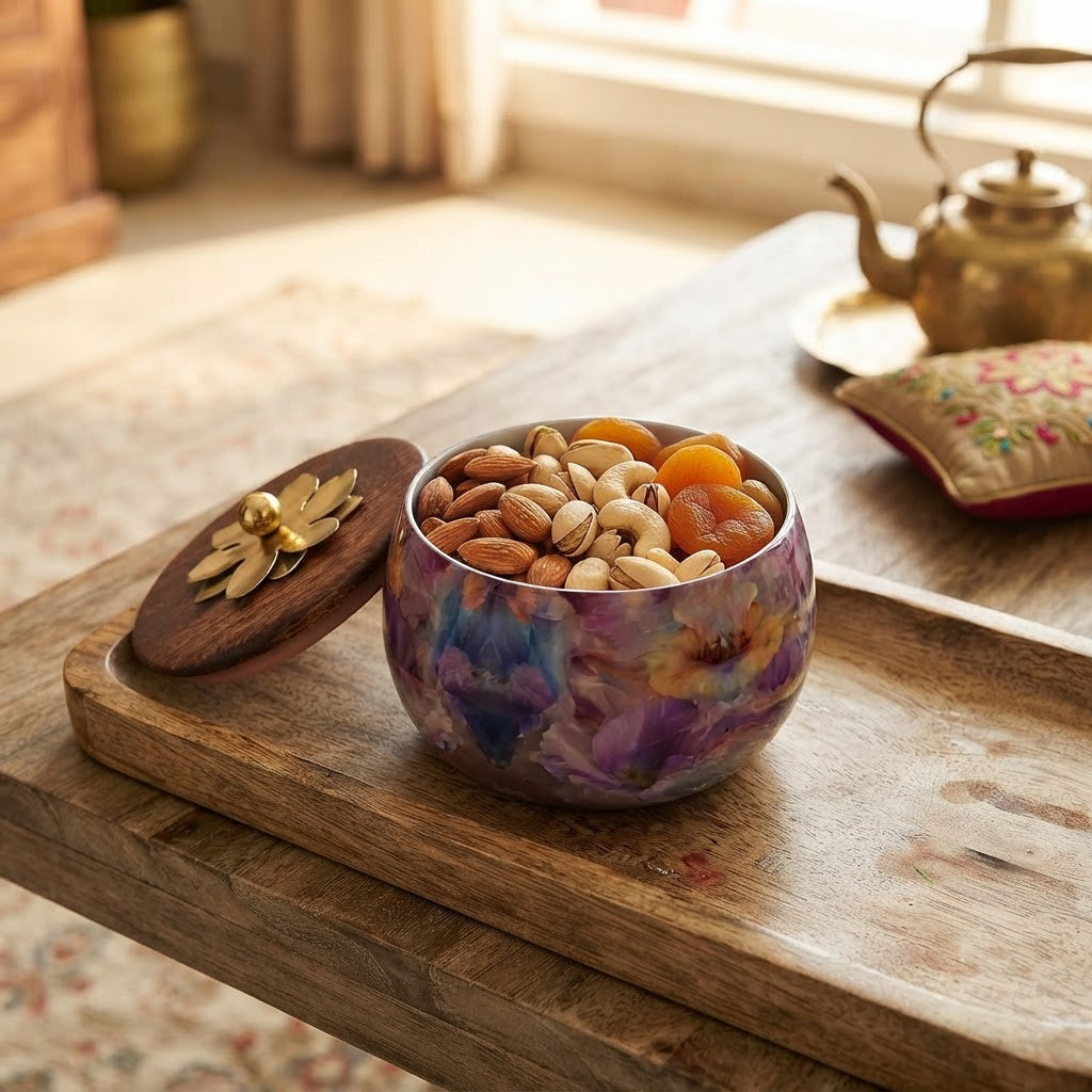 Floral Print Round Storage Jar with Wooden Lid & Brass Flower Knob – Decorative Dry Fruit, Mithai & Masala Container