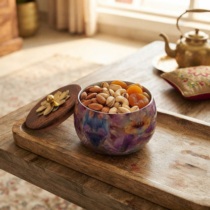 Floral Print Round Storage Jar with Wooden Lid & Brass Flower Knob – Decorative Dry Fruit, Mithai & Masala Container