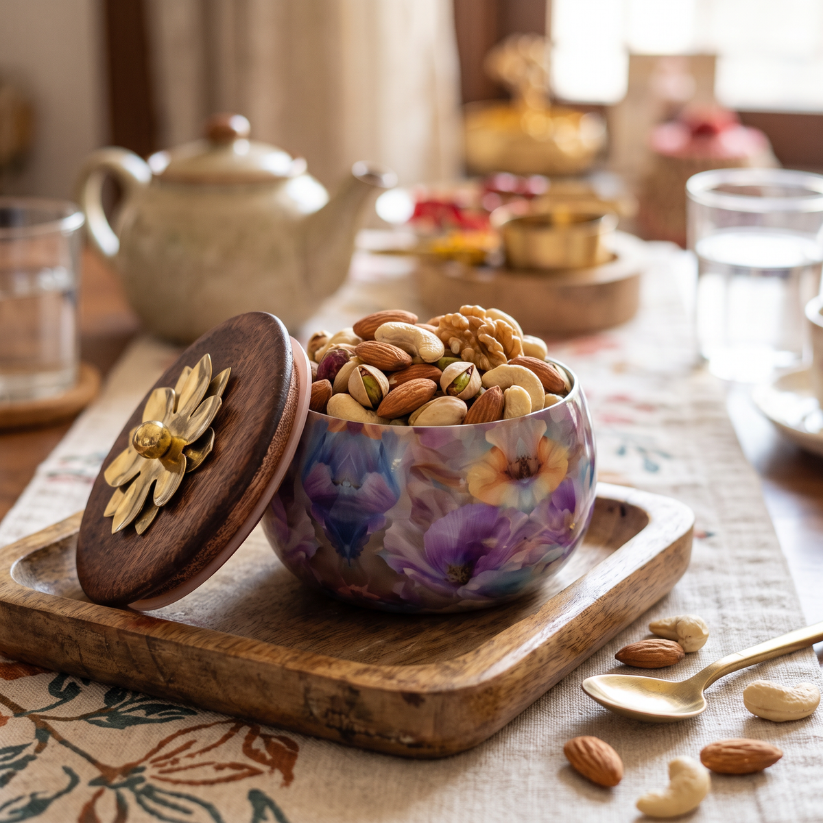 Floral Print Round Storage Jar with Wooden Lid & Brass Flower Knob – Decorative Dry Fruit, Mithai & Masala Container