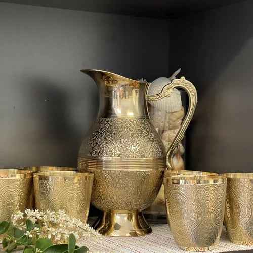 Handcrafted Brass Water Jug with 6 Glasses – Vintage Engraved Pitcher Set for Dining & Gifting