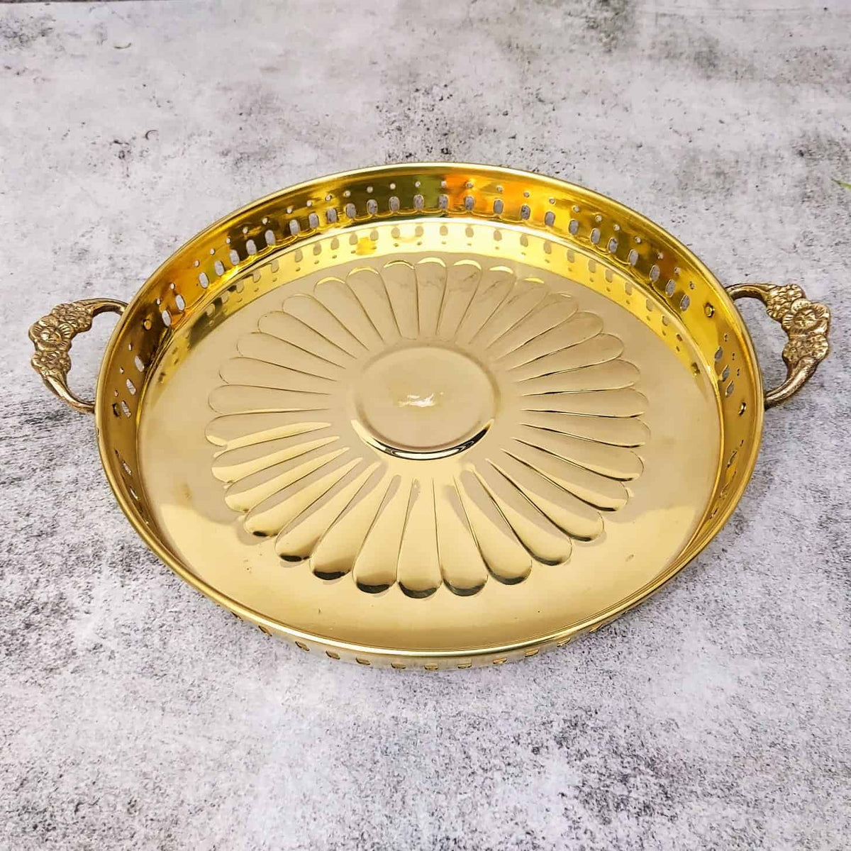 Handcrafted Brass Pooja Thali with Handles – Round Puja Plate with Perforated Jali Border & Sunburst Design - 12 inch