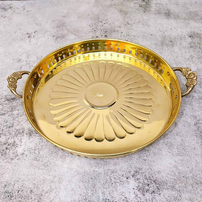 Handcrafted Brass Pooja Thali with Handles – Round Puja Plate with Perforated Jali Border & Sunburst Design - 12 inch