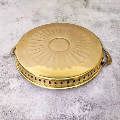 Handcrafted Brass Pooja Thali with Handles – Round Puja Plate with Perforated Jali Border & Sunburst Design - 12 inch