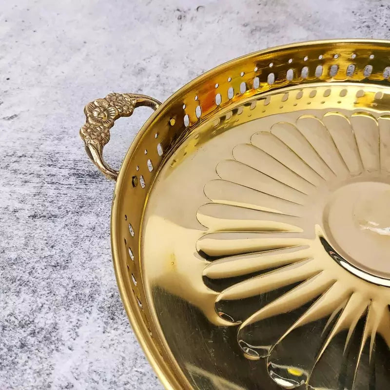 Handcrafted Brass Pooja Thali with Handles – Round Puja Plate with Perforated Jali Border & Sunburst Design - 12 inch