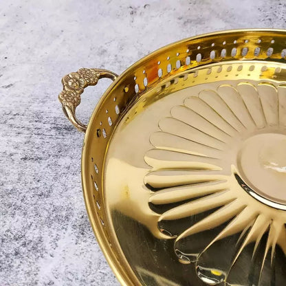 Handcrafted Brass Pooja Thali with Handles – Round Puja Plate with Perforated Jali Border & Sunburst Design - 12 inch