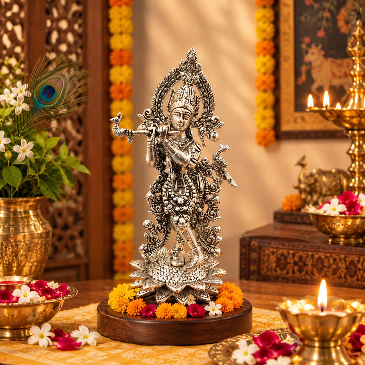 German Silver Lord Krishna Idol Playing Flute on Lotus Base with Wooden Stand – Handcrafted Pooja & Home Decor Murti