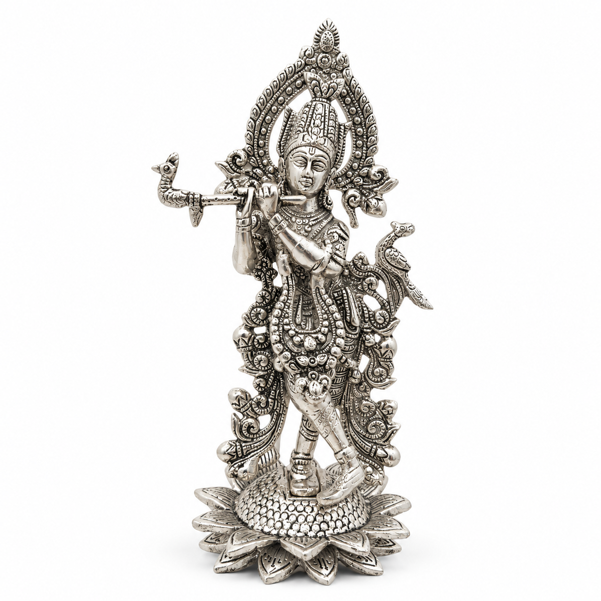 German Silver Lord Krishna Idol Playing Flute on Lotus Base with Wooden Stand – Handcrafted Pooja & Home Decor Murti
