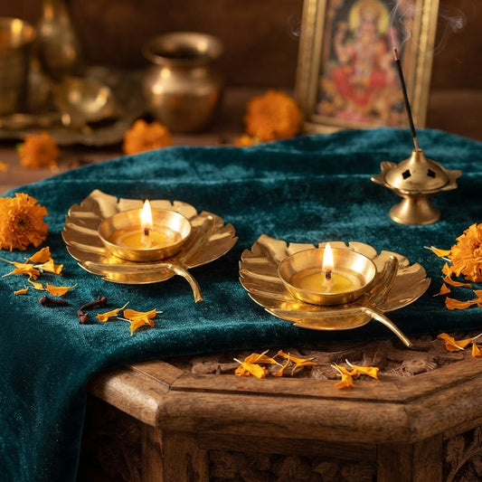 Brass Leaf Shape Diya Set of 2 with Gift Box – Handcrafted Pooja Akhand Diya for Diwali & Festive Gifting
