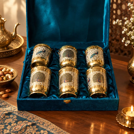Pure Brass Peacock Design Glass with Gift Box Yoga & Ayurveda, Pack of 6 with Gift Box