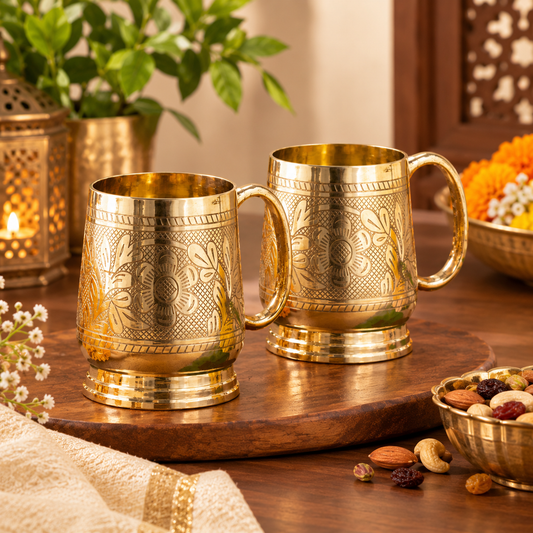 Handcrafted brass mug set of 2 with floral engraving and handle – Jain Art Villa