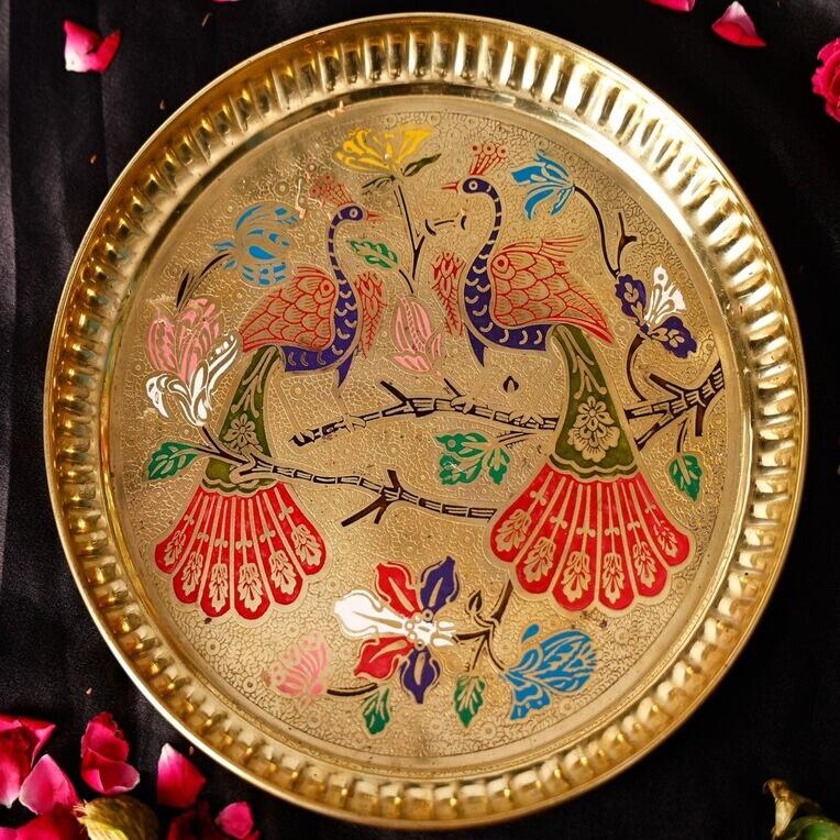 Peacock Designer Golden Brass Pooja Thali Set of 2 – JAIN ART VILLA