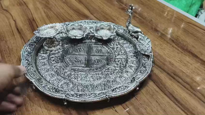 German Silver Peacock Pooja Thali Set | Traditional Designer Puja Thali for Diwali, Festive Worship & Gifting