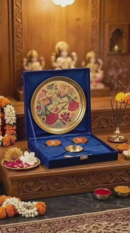 Premium Meenakari Pooja Thali Gift Set with 2 Roli Chawal Pichwai Art Dabbi, 1 spoon 1 bowl– Royal Festive Collection 30 in stock