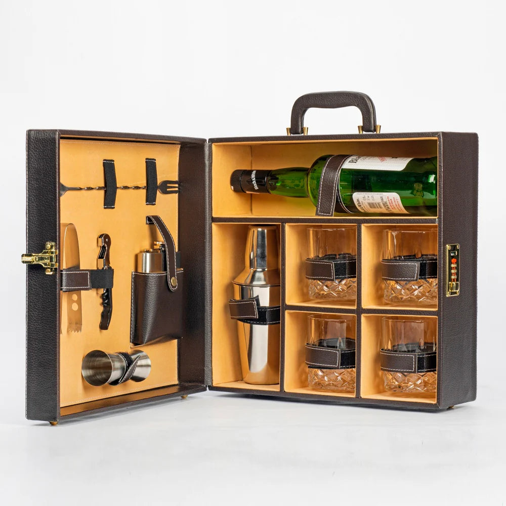 Portable Bar Tools Set - Brown Leatherette - 10 Piece Set with Bottle Storage