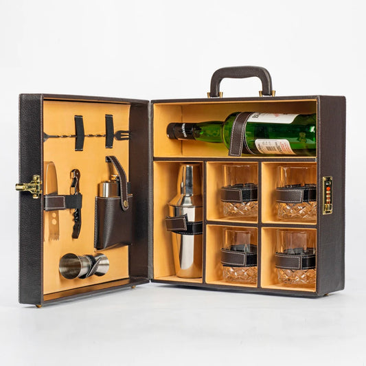 Portable Bar Tools Set - Brown Leatherette - 10 Piece Set with Bottle Storage