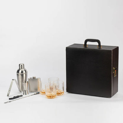 Portable Bar Tools Set - Brown Leatherette - 10 Piece Set with Bottle Storage