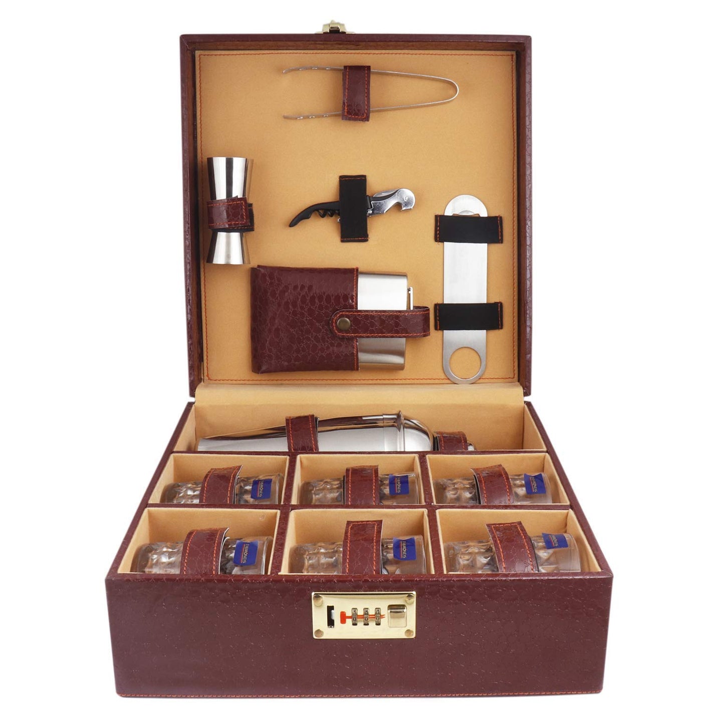 Portable Leathers 6 Glasses Brown Bar Set |Premium Bar Set Bottle Opener with Bottle Handy Portable Leatherette Bar Set for car | Whiskey Glasses