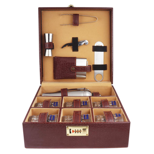 Portable Leathers 6 Glasses Brown Bar Set |Premium Bar Set Bottle Opener with Bottle Handy Portable Leatherette Bar Set for car | Whiskey Glasses