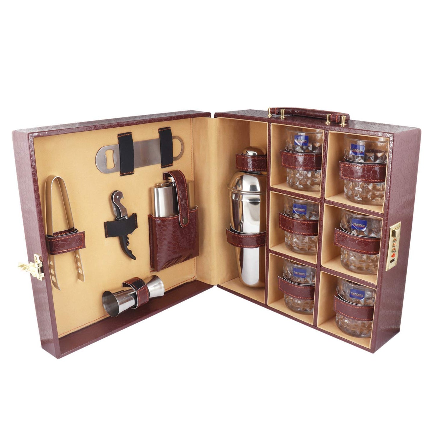 Portable Leathers 6 Glasses Brown Bar Set |Premium Bar Set Bottle Opener with Bottle Handy Portable Leatherette Bar Set for car | Whiskey Glasses