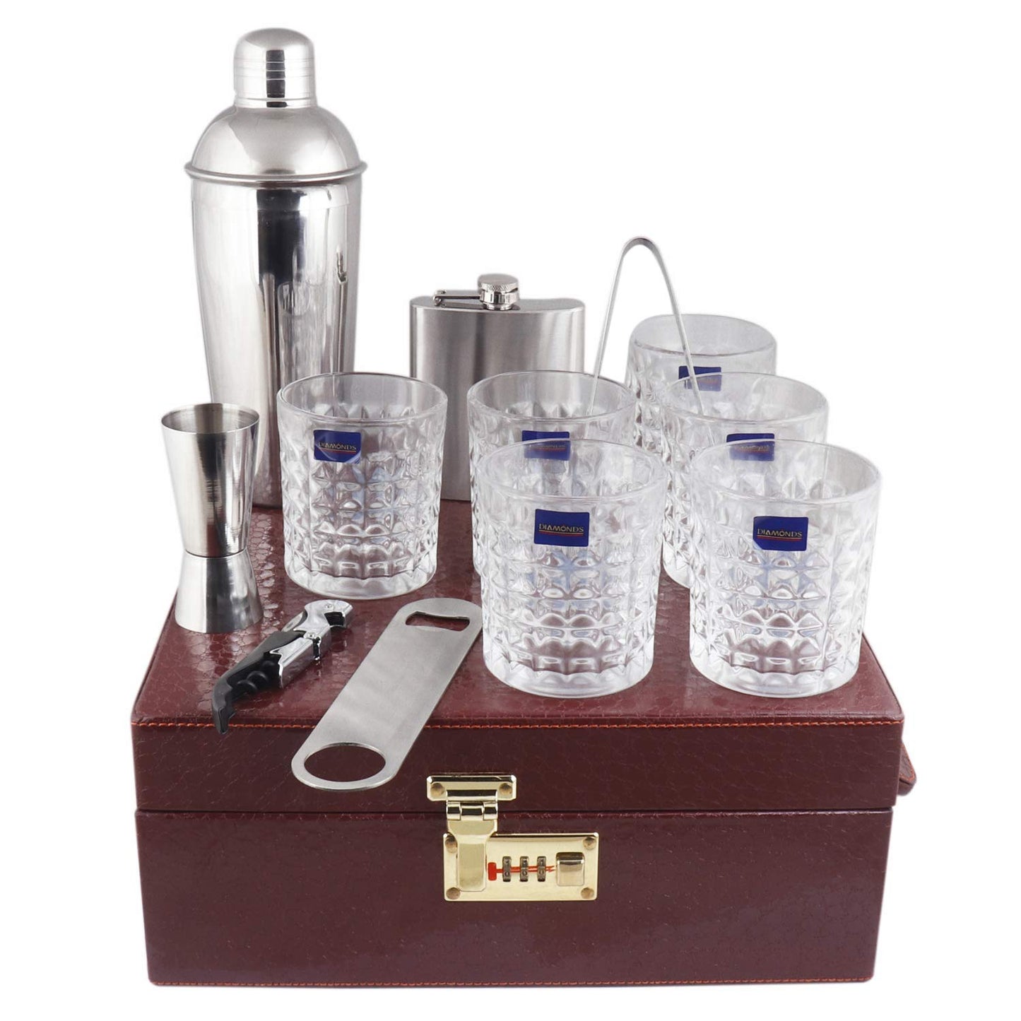 Portable Leathers 6 Glasses Brown Bar Set |Premium Bar Set Bottle Opener with Bottle Handy Portable Leatherette Bar Set for car | Whiskey Glasses