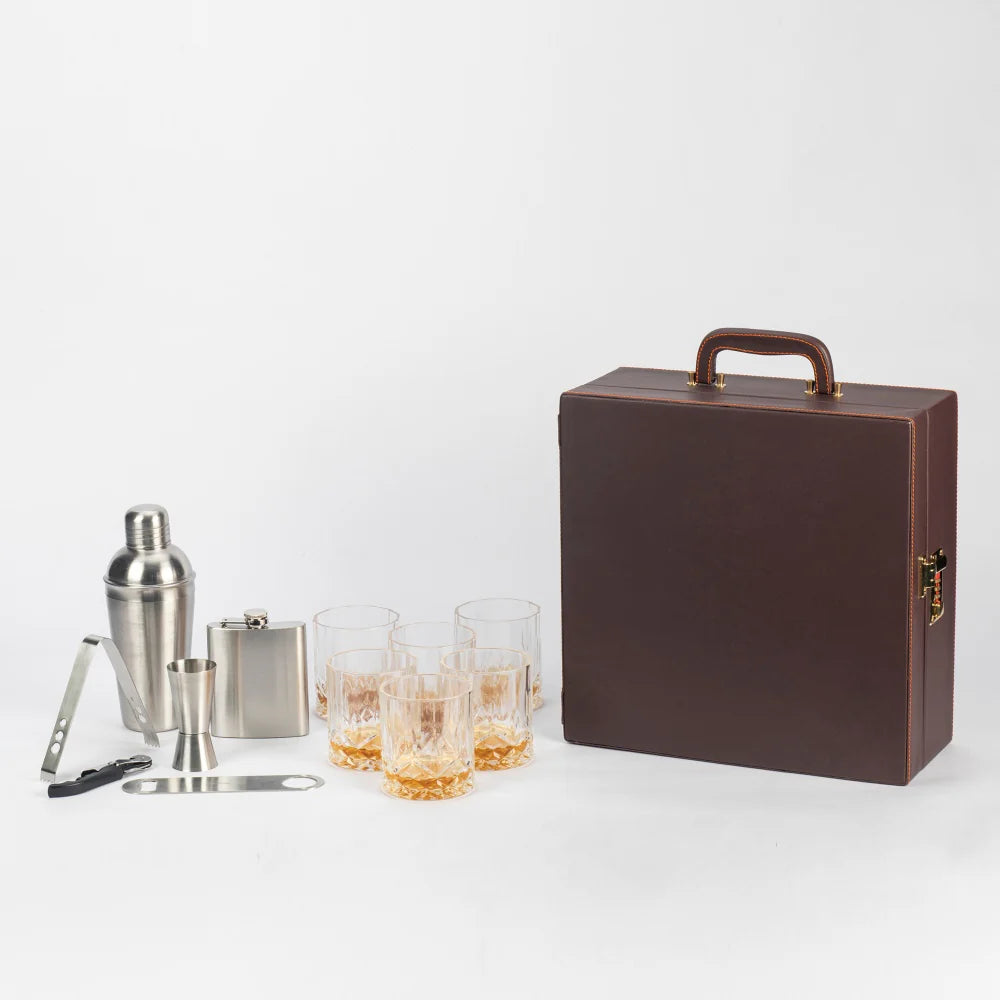 Portable Leathers 6 Glasses Brown Bar Set |Premium Bar Set Bottle Opener with Bottle Handy Portable Leatherette Bar Set for car | Whiskey Glasses