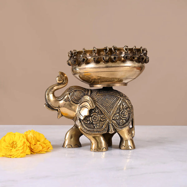 Brass Engraved Elephant themed Ghunghroo Urli - JAIN ART VILLA
