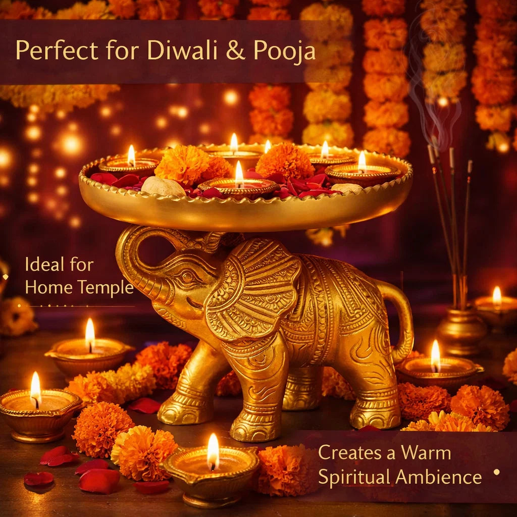 Decorative Gold Elephant Centerpiece, Metal Table Decor with Ornate Design, Traditional Indian Style Serving Platter
