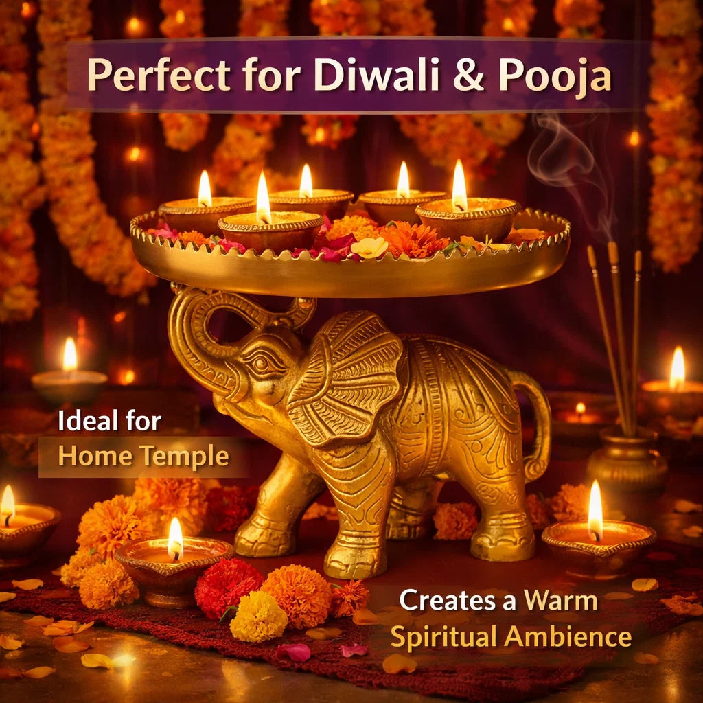 Decorative Gold Elephant Centerpiece, Metal Table Decor with Ornate Design, Traditional Indian Style Serving Platter