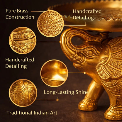 Decorative Gold Elephant Centerpiece, Metal Table Decor with Ornate Design, Traditional Indian Style Serving Platter