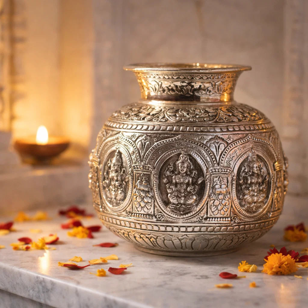 Jain Art Villa Brass Silver Plate Ashtalakshmi Kodam / Kalash (6.5 Inch)