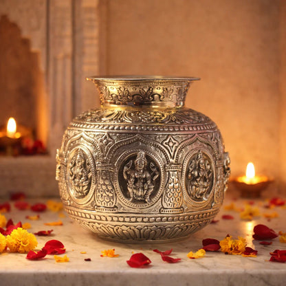 Jain Art Villa Brass Silver Plate Ashtalakshmi Kodam / Kalash (6.5 Inch)