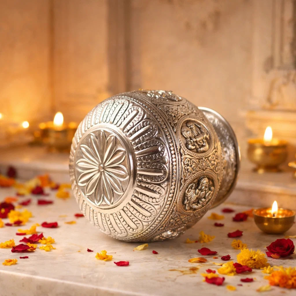 Jain Art Villa Brass Silver Plate Ashtalakshmi Kodam / Kalash (6.5 Inch)