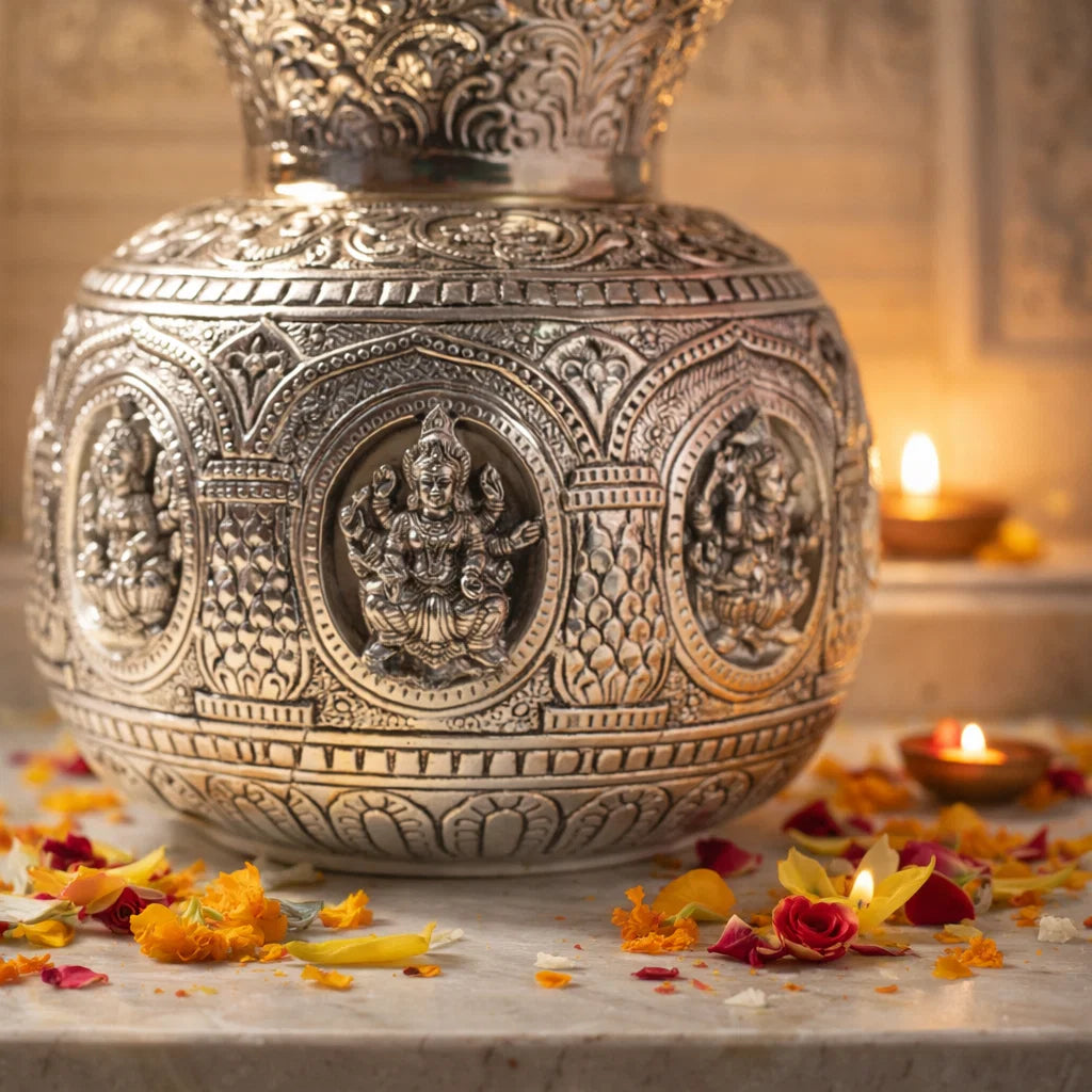 Jain Art Villa Brass Silver Plate Ashtalakshmi Kodam / Kalash (6.5 Inch)