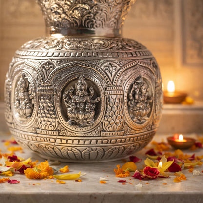 Jain Art Villa Brass Silver Plate Ashtalakshmi Kodam / Kalash (6.5 Inch)