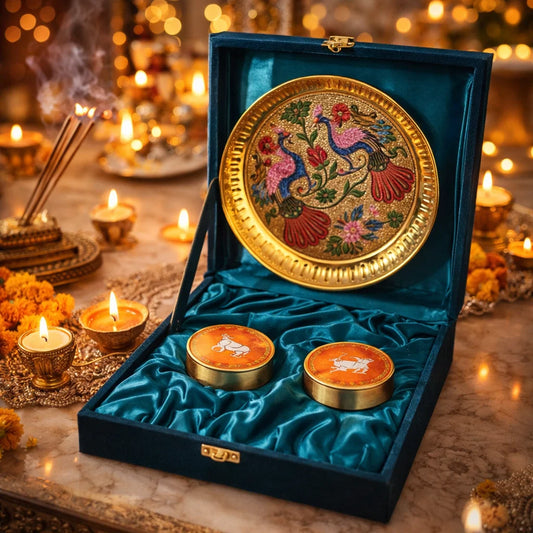 Premium Meenakari Pooja Thali Gift Set with 2 Roli Chawal Pichwai Art Dabbi – Royal Festive Collection