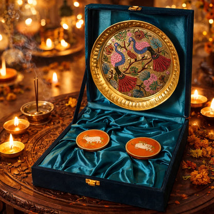 Premium Meenakari Pooja Thali Gift Set with 2 Roli Chawal Pichwai Art Dabbi – Royal Festive Collection