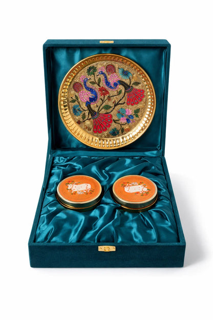Premium Meenakari Pooja Thali Gift Set with 2 Roli Chawal Pichwai Art Dabbi – Royal Festive Collection