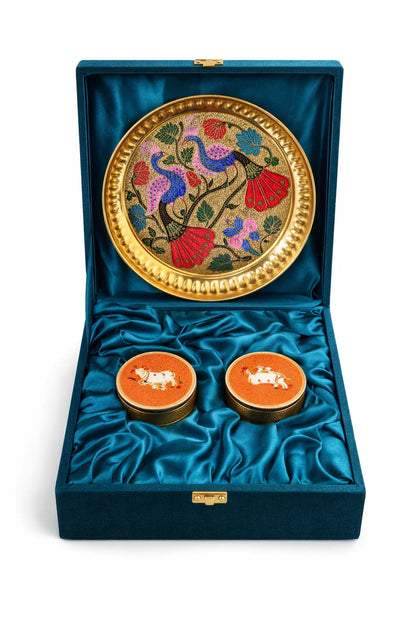 Premium Meenakari Pooja Thali Gift Set with 2 Roli Chawal Pichwai Art Dabbi – Royal Festive Collection